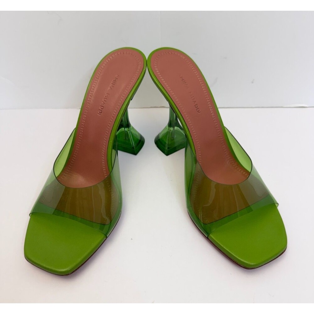 Amina Muaddi Lupita Glass Green PVC Sculptural Heel Mules Sandals EU 37/US 7